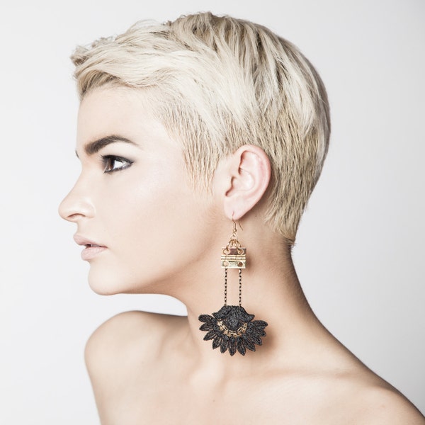 Black lace earrings - WANDERLUST - Statement earrings in black or white lace & brass hinge hardware. Unusual dramatic Art Deco Edie earrings