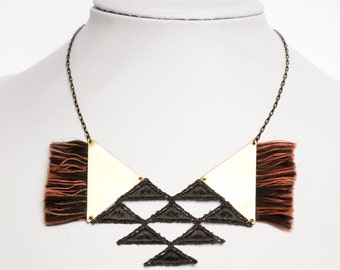 Statement lace necklace - TESSELATE - Black lace brass triangles ember fringe and faceted chain triangular & geometric original necklace