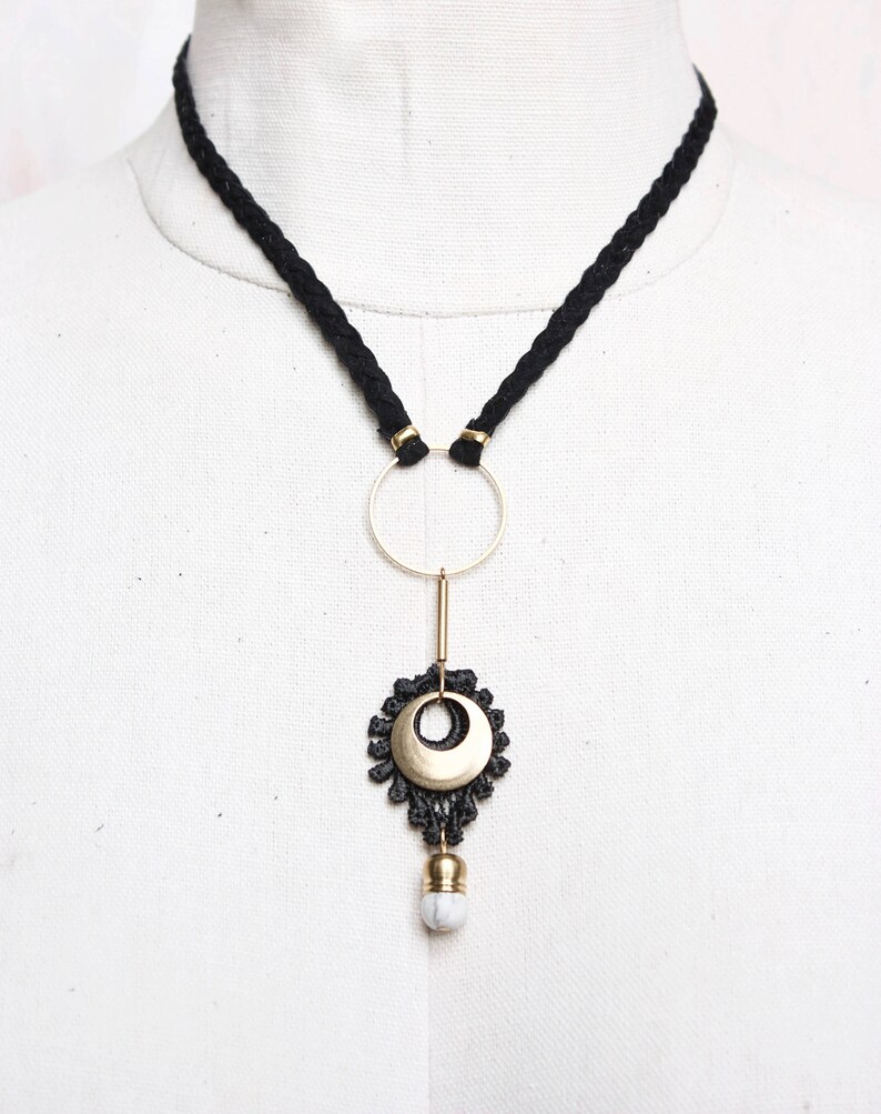 Black pendant choker statement necklace ARTILLERY Lace, brass & marbled jade bead on braided vegan suede. Modern choker Adjustable length. image 2