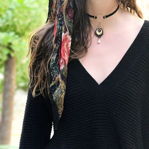 Black pendant choker statement necklace ARTILLERY Lace, brass & marbled jade bead on braided vegan suede. Modern choker Adjustable length. image 5