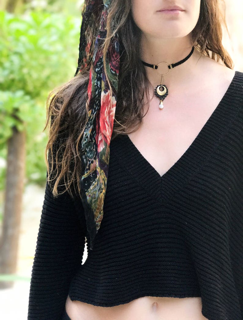 Black pendant choker statement necklace ARTILLERY Lace, brass & marbled jade bead on braided vegan suede. Modern choker Adjustable length. image 5