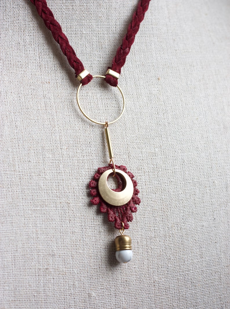 Black pendant choker statement necklace ARTILLERY Lace, brass & marbled jade bead on braided vegan suede. Modern choker Adjustable length. Red