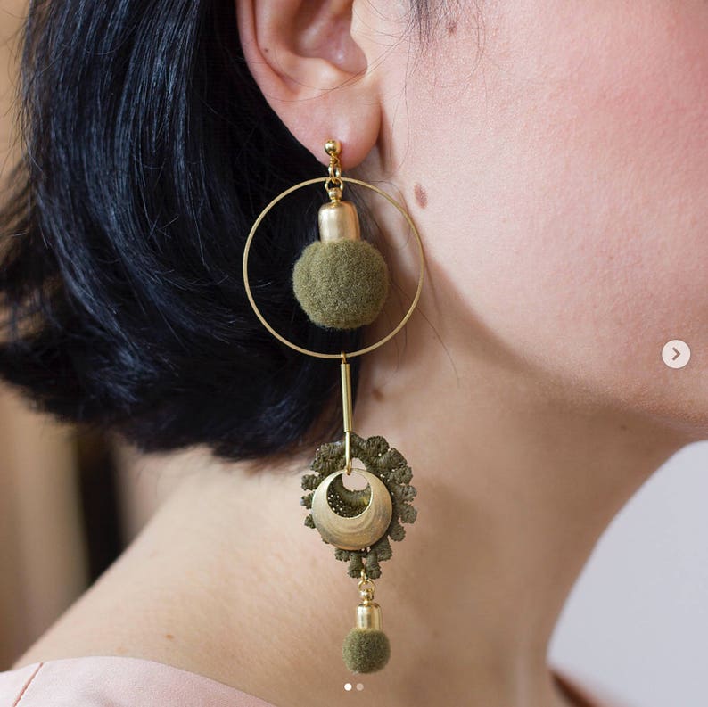 Pompom earrings ARTILLERY asymmetrical, mismatched earrings boho black, white, olive khaki, raspberry red pom pom & lace statement earring image 8