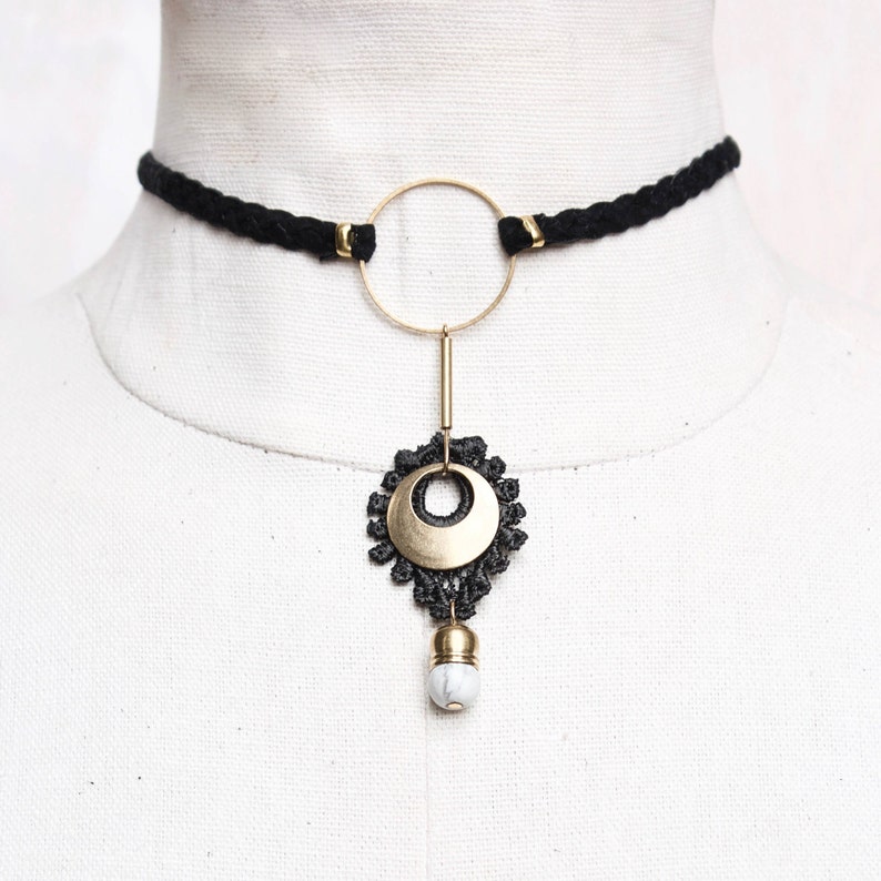 Black pendant choker statement necklace ARTILLERY Lace, brass & marbled jade bead on braided vegan suede. Modern choker Adjustable length. Black