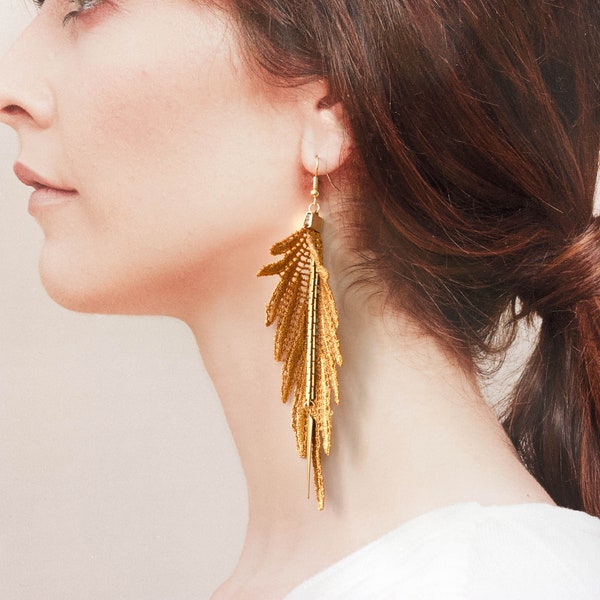 Lace statement earrings -PARROT- Long bold dangling vegan feather earrings with vintage golden brass chain. Tatting or macrame fabric style.