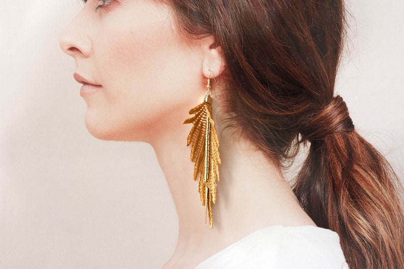 Lace earrings PARROT Statement earrings Bold dangling vegan feather crochet tatting macrame fabric earrings gold vintage chain long boho image 1