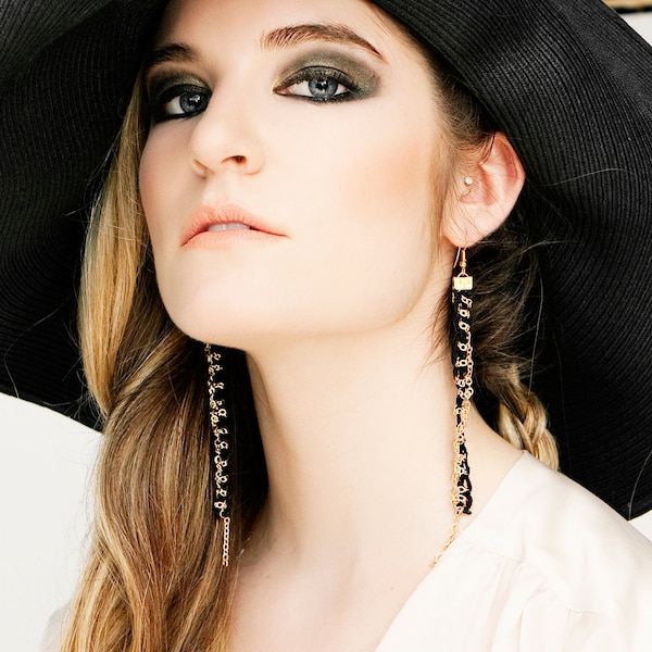 Long black lace & chain dangle earrings - SEAMS - Black vintage lace with gold or silver chain crocheted, sewn and intertwined