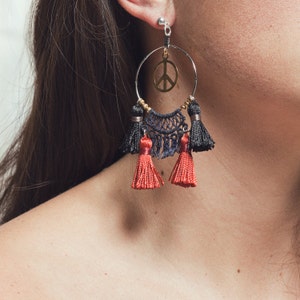 Tassel earrings - WOODSTOCK - Statement earrings blue lace hippie silver ring brass peace sign black and burnt red tassels fringe earrings