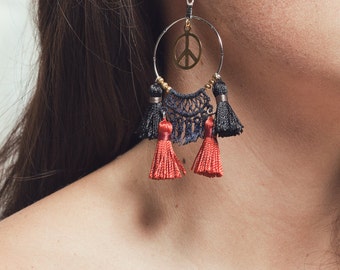 Tassel earrings - WOODSTOCK - Statement earrings blue lace hippie silver ring brass peace sign black and burnt red tassels fringe earrings