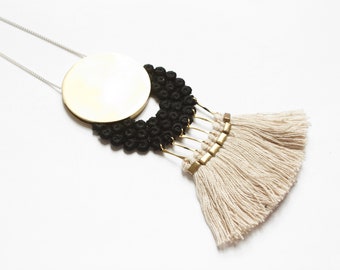 Fringe necklace Long statement necklace - CAALDER - Black lace with beige fringe and brass circle pendant oversized moon handmade necklace