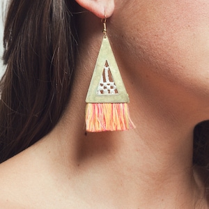 Fringe earrings, lace statement earrings - SAYULITA - Neon or jute fringe tassels geometric triangle ethnic macrame raw brass boho