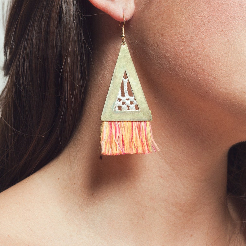 Fringe earrings, lace statement earrings SAYULITA Neon or jute fringe tassels geometric triangle ethnic macrame raw brass boho Ivory&sunset fringe