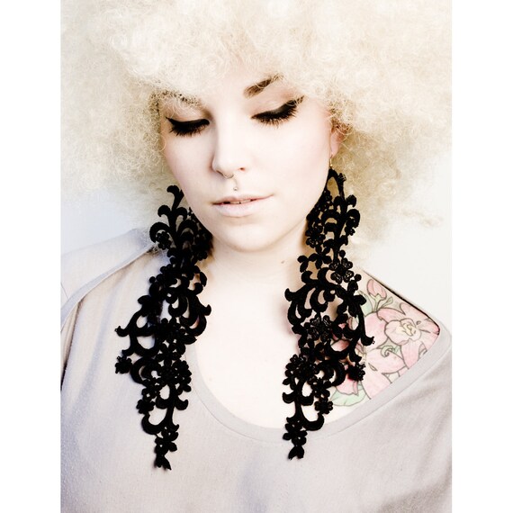Lace Earrings FEARLESS Extra Large Statement Earrings Black White