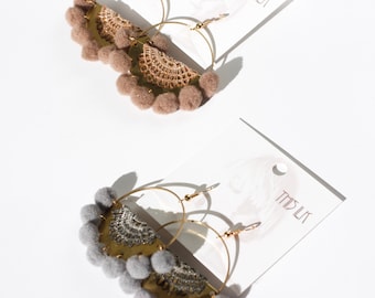 Pom pom earrings beige pompom earrings - POPPY - Light weight brass lace & pompom statement earrings handmade boho ethnic bold hoop earrings