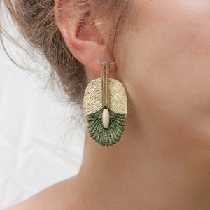 Statement earrings LAU PAMA EARRINGS Light weight vintage hand dyed lace & brass statement earrings large botanical chunky leafy green image 2