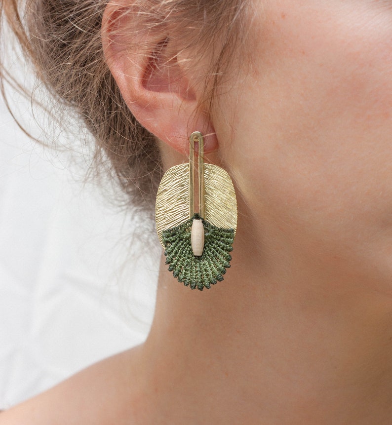 Statement earrings LAU PAMA EARRINGS Light weight vintage hand dyed lace & brass statement earrings large botanical chunky leafy green image 2