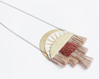 Fringe necklace - KWELANGA - White lace jute copper toned fringe thin white enamel and gold curb chain half moon and statement necklace