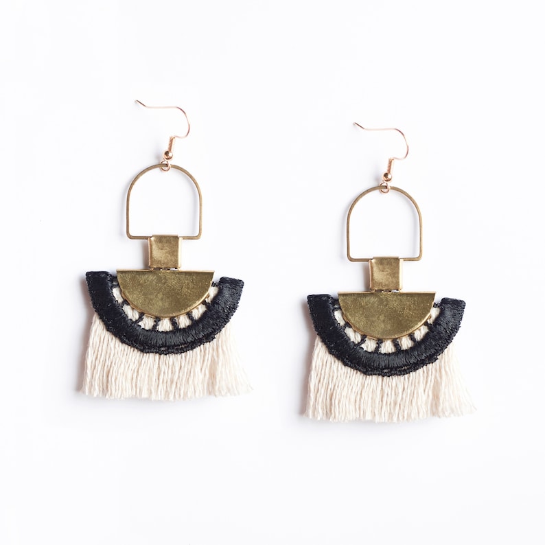 Fringe earrings MEMPHIS Statement earrings tiki geometric African inspired post-modern tribal earrings black vintage lace and brass image 1