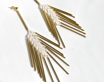 Lace statement earrings - HARVEST -  wheat, rye, barley inspired shape with brass fringe long dangle earrings boho & modernist, handmade
