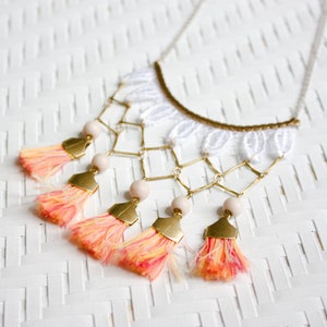 Tassel fringe necklace CALI Vintage lace necklace with brass chains exotic beads and fringe tassels statement and boho necklace surf White & sunset