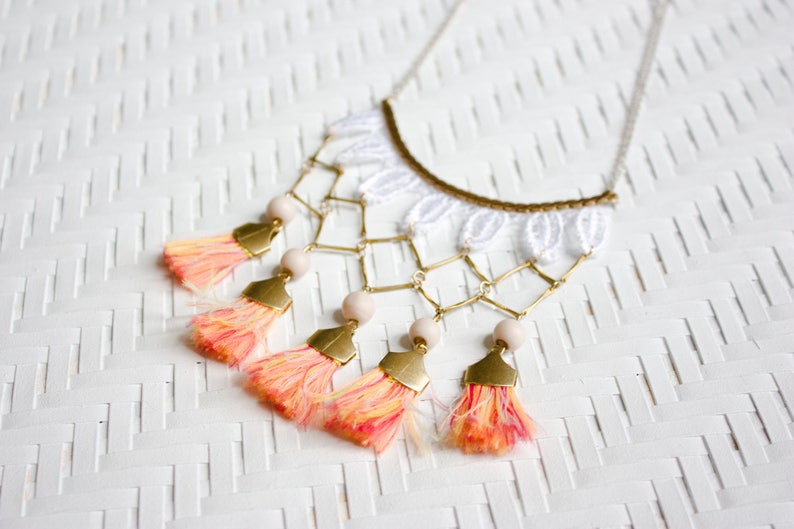 Tassel fringe necklace CALI Vintage lace necklace with brass chains exotic beads and fringe tassels statement and boho necklace surf White & sunset
