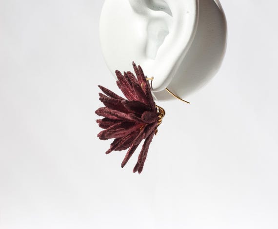 Flower statement earrings -CHRYSANTHEMUM EARRINGS- Hand dyed vintage lace botanical pompom design with a spiky chunky lotus floral aesthetic