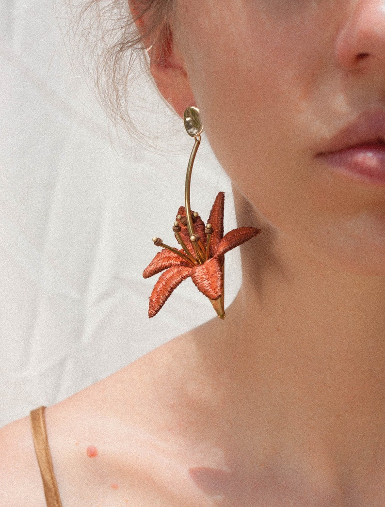 Statement earrings LILIUM EARRINGS Large unusual bold vintage lace floral dangling flower botanical lily chunky daylily bridal easter image 1