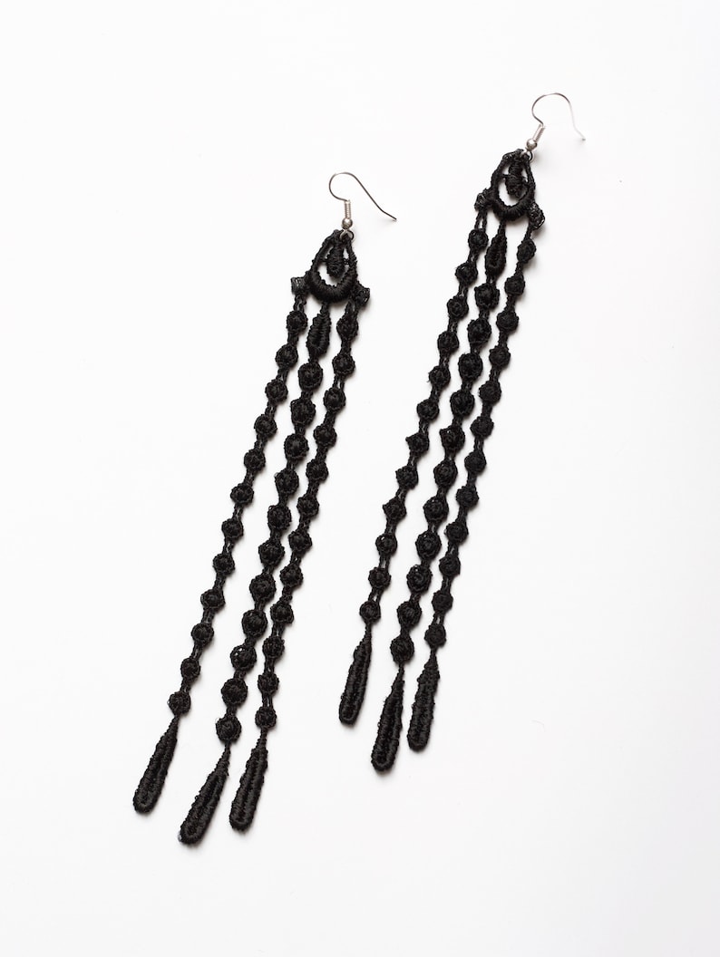 Black Lace Earrings SEAGRASS Tassel Statement Earrings Etsy