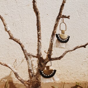 Fringe earrings MEMPHIS Statement earrings tiki geometric African inspired post-modern tribal earrings black vintage lace and brass image 6