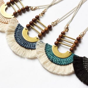 Fringe statement necklace NUBIAN DESERT Adjustable half moon necklace. Bali African fabric textured textile necklace fringe fiber jewelry Teal dark turquoise