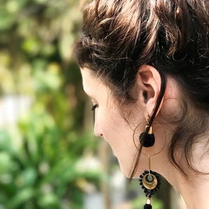 Pompom earrings ARTILLERY asymmetrical, mismatched earrings boho black, white, olive khaki, raspberry red pom pom & lace statement earring image 7