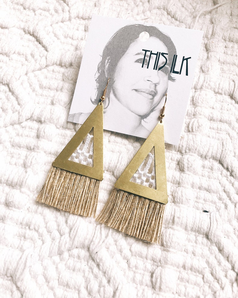 Fringe earrings, lace statement earrings SAYULITA Neon or jute fringe tassels geometric triangle ethnic macrame raw brass boho Ivory&jute fringe