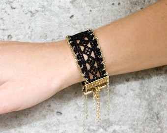 Lace bracelet - SEAMS - Black vintage lace with stitched gold or silver chain, soft modern statement bracelet, embroidery & woven bracelet