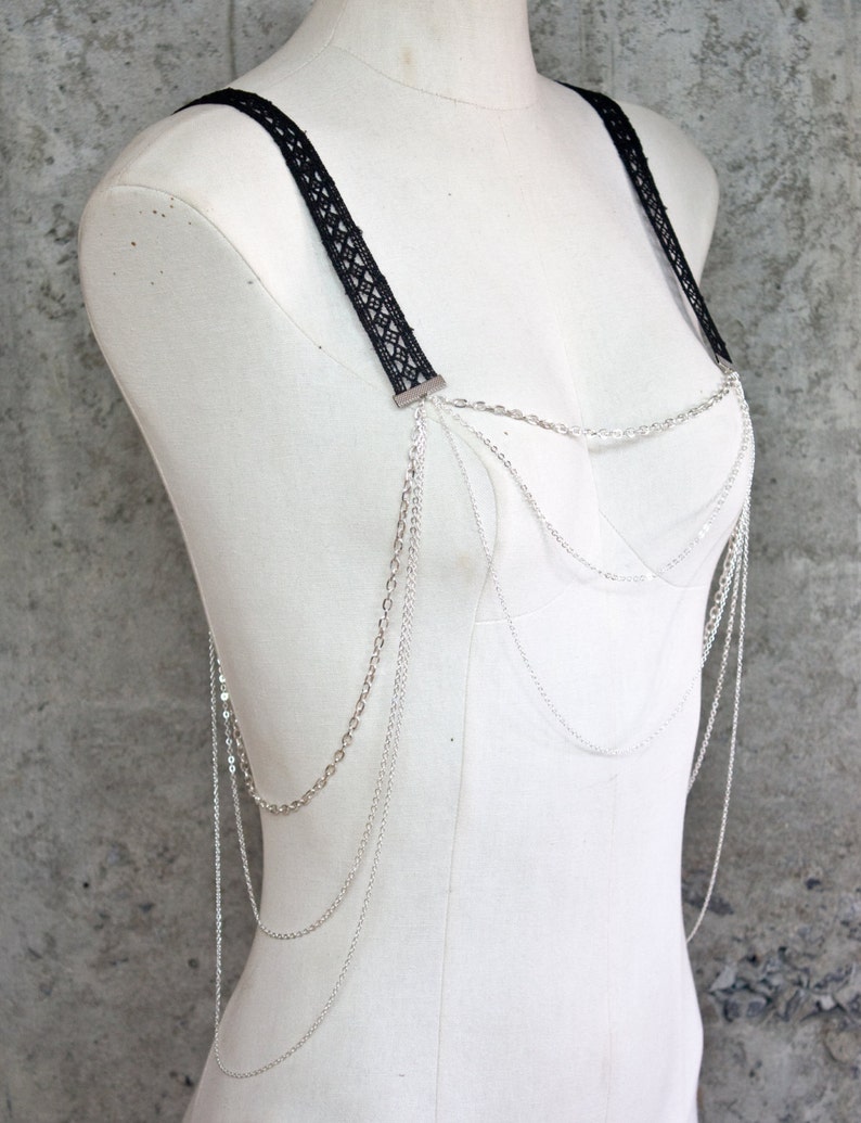 Body harness jewelry BRETELLES Black or ivory lace choice of chain suspenders vintage body chain high fashion brunch outfit statement image 2