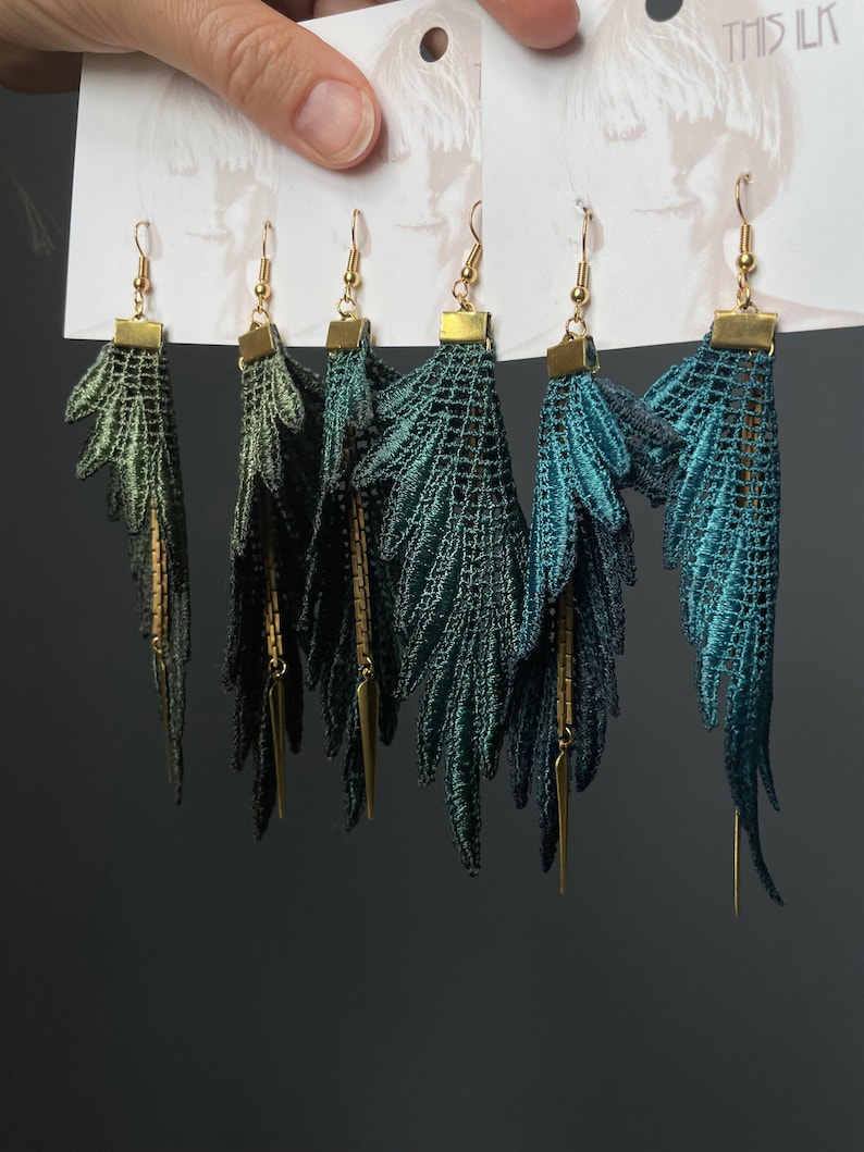 Lace earrings PARROT Statement earrings Bold dangling vegan feather crochet tatting macrame fabric earrings gold vintage chain long boho image 10