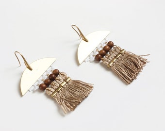 Fringe statement earrings - ORYX - Beige fringe tassel, wood beads, lace & brass bold chunky geometric tribal African Bali macrame earrings