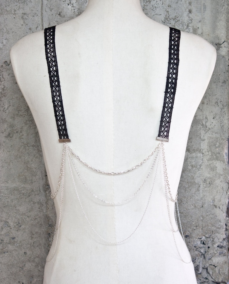 Body harness jewelry BRETELLES Black or ivory lace choice of chain suspenders vintage body chain high fashion brunch outfit statement image 5