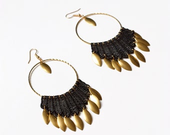 Boho lace earrings -ELLE- Statement earrings vintage lace hippie bold hoop earrings brass black fringe gypsy earrings feather light unique