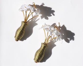 Statement earrings - VASE EARRINGS - vintage lace floral bouquet, large botanical earrings in white & green. Unique sustainable design.