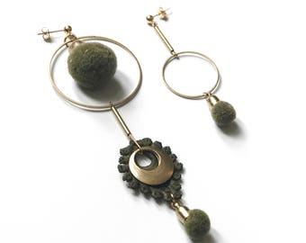 Mismatched statement earrings pompom - ARTILLERY - Olive green & more pom pom + lace asymmetrical earrings abstract art modern earrings hoop