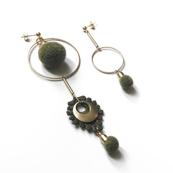 Mismatched statement earrings pompom - ARTILLERY - Olive green & more pom pom + lace asymmetrical earrings abstract art modern earrings hoop