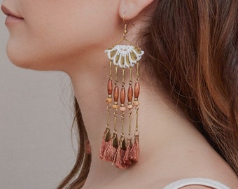 Fringe statement earrings - OCOTILLO - White lace, handmade terracotta tassels, clay & wood, brass. 70s factory girl Frida boho earrings.