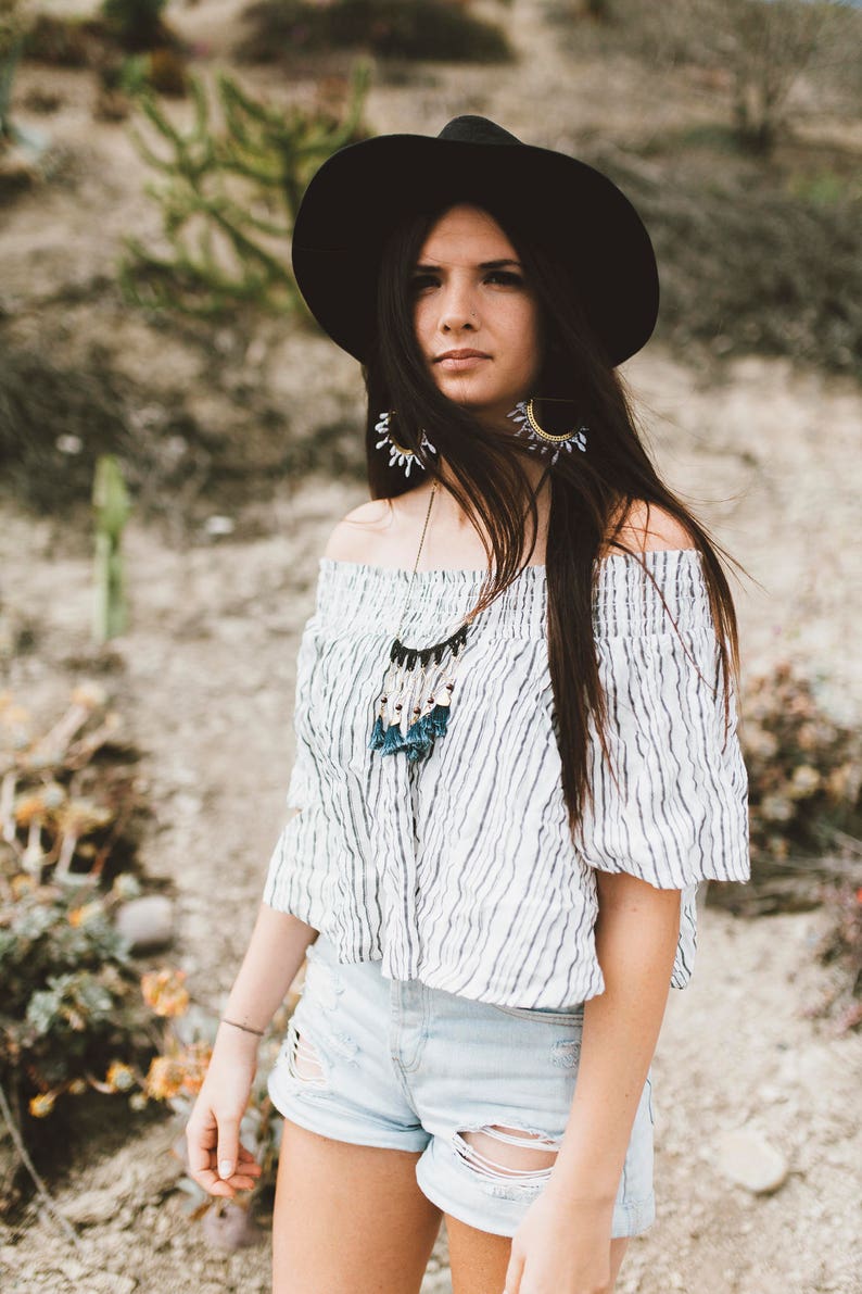 Tassel fringe necklace CALI Vintage lace necklace with brass chains exotic beads and fringe tassels statement and boho necklace surf Black & dark blue