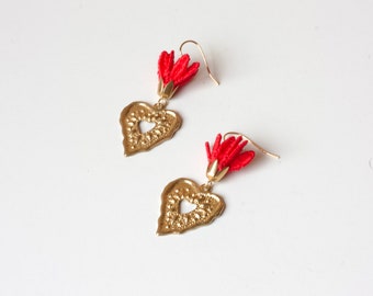 Sacred heart earrings - CORAZON SAGRADO - red lace & brass dangle statement earrings, flaming heart, valentines, milagro, Romeo + Juliette