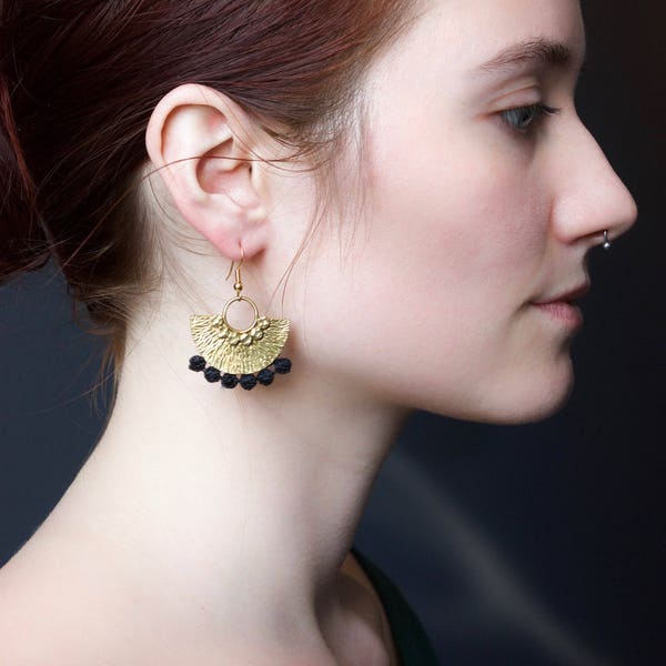 Brass statement earrings - POIRET - Geometric golden brass or plated silver and vintage lace earrings, boho fan shaped half circle textured