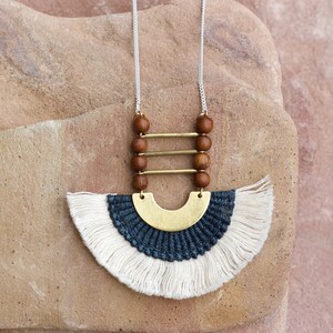 Fringe statement necklace NUBIAN DESERT Adjustable half moon necklace. Bali African fabric textured textile necklace fringe fiber jewelry Navy dark blue