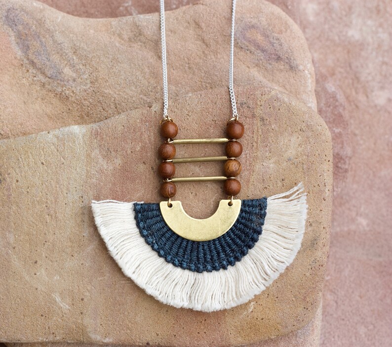 Fringe statement necklace NUBIAN DESERT Adjustable half moon necklace. Bali African fabric textured textile necklace fringe fiber jewelry Navy dark blue