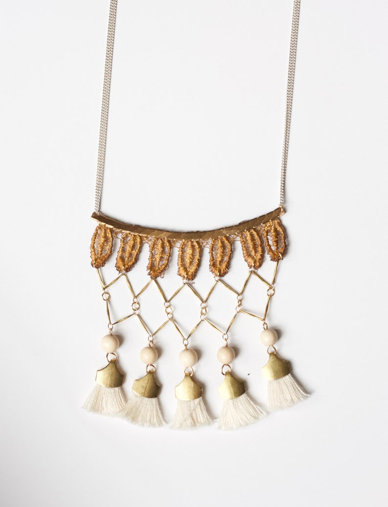 Tassel fringe necklace CALI Vintage lace necklace with brass chains exotic beads and fringe tassels statement and boho necklace surf Mustard & cream