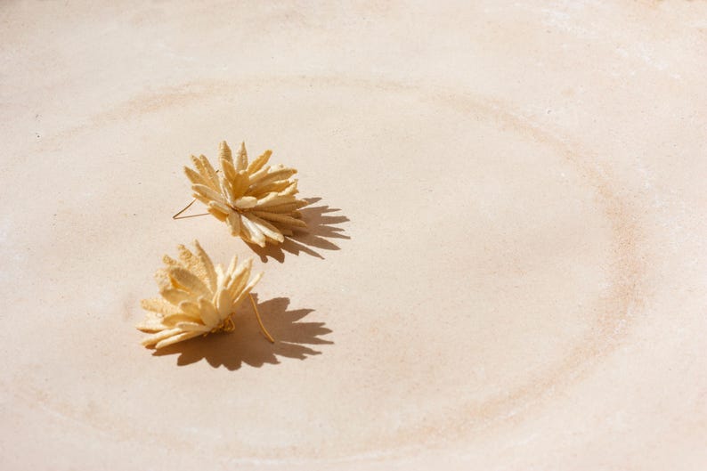 Puede incluir: Dos pendientes de flores beige secas con un dise&ntilde;o de p&eacute;talos puntiagudos se muestran sobre una superficie beige claro. Los pendientes proyectan sombras oscuras y el fondo tiene un sutil patr&oacute;n circular.