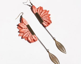 Lace statement earrings -PENDULUM DOUBLE III- Long dangling light weight earrings, floral vintage lace in tatting style. Best selling.
